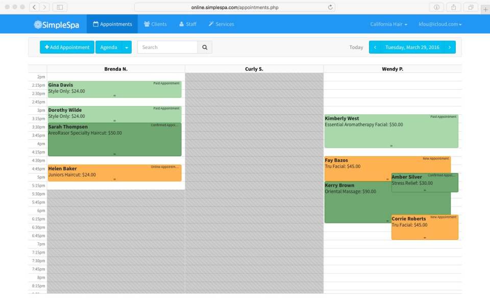 Appointments can be color-coded by status in the SimpleSpa calendar