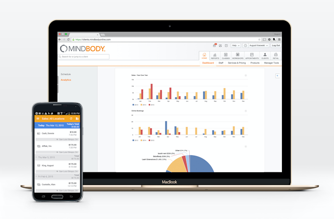 Mindbody screenshot: Generate reports to track monthly sales and revenue, retention, attendance and inventory