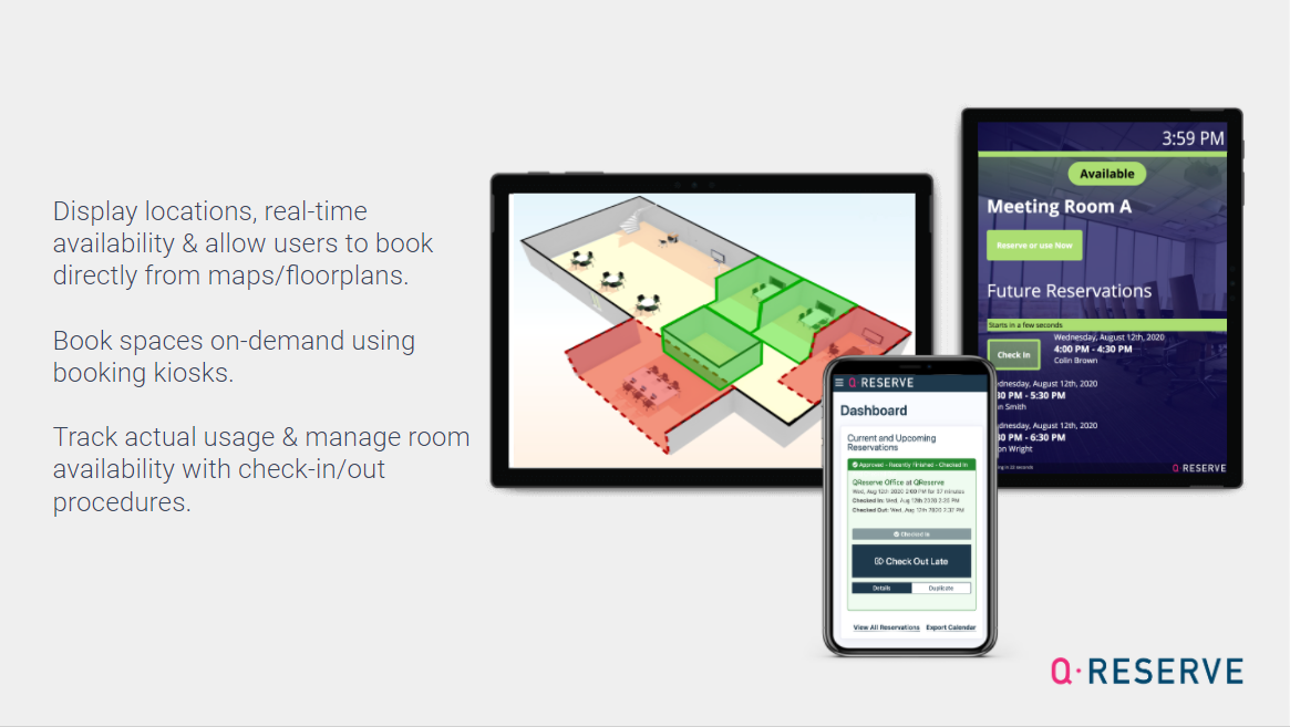 Interactive booking kiosks, visual live map/floorplan booking, check-in/out procedures & actual usage tracking