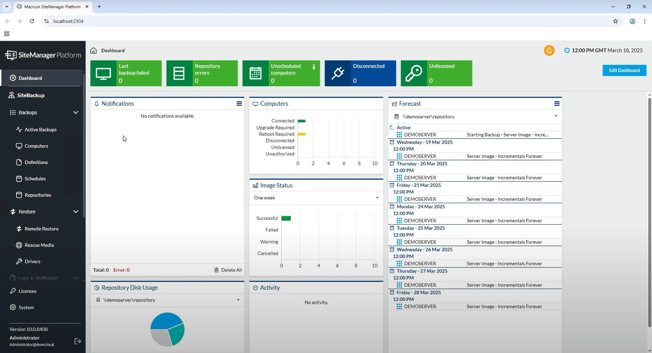 SiteBackup Software - SiteBackup dashboard
