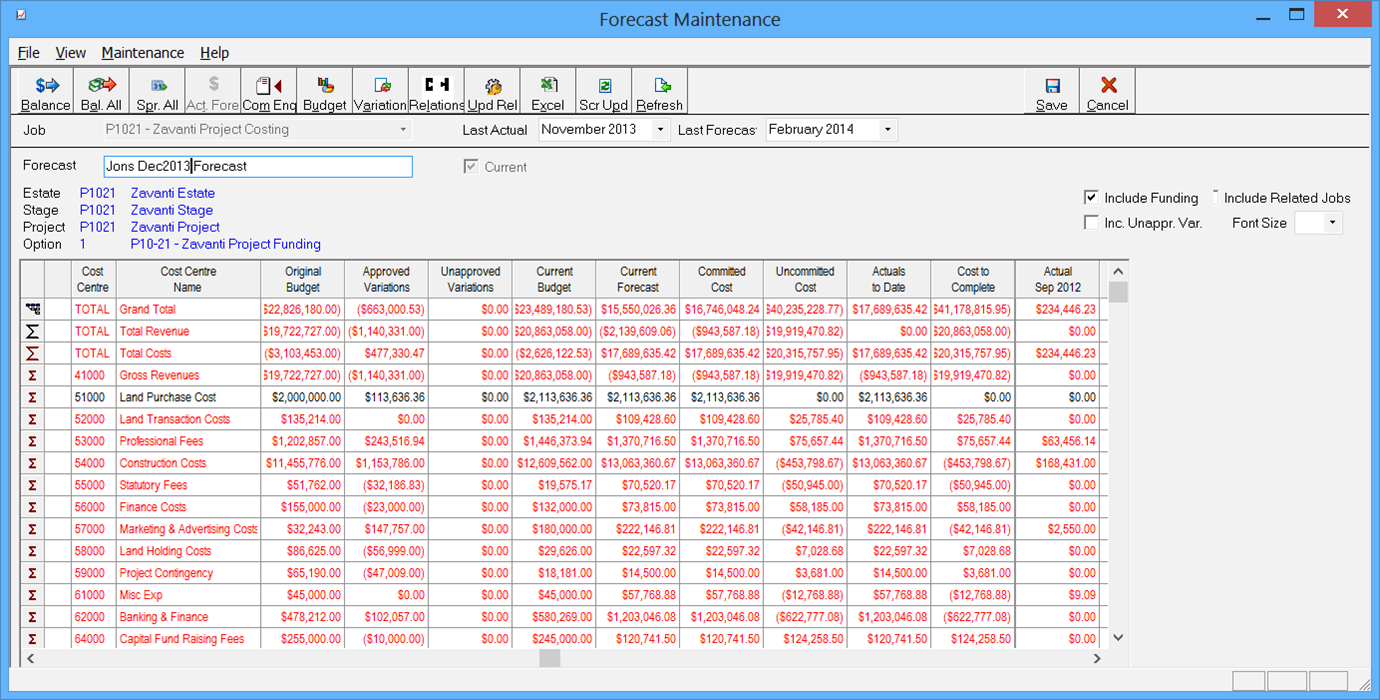 Zavanti ERP screenshot: Zavanti forecasts allows users to see projected costs up to 10 years into the future