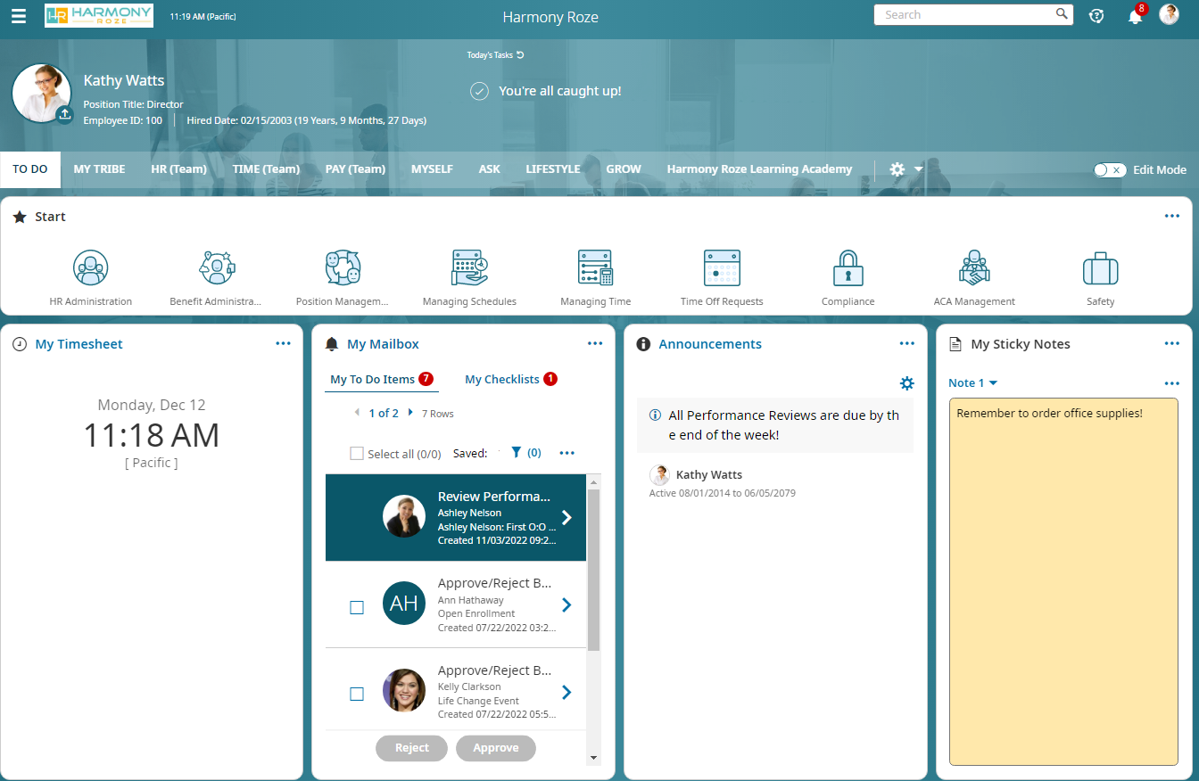 Harmony Roze, HCM screenshot: Manager's Home Page