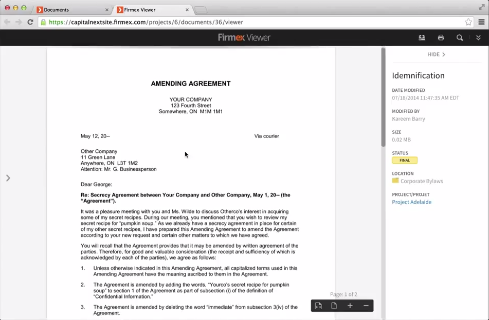 Firmex Virtual Data Room Software - Clicking on a document allows users to view the document online without leaving the dataroom
