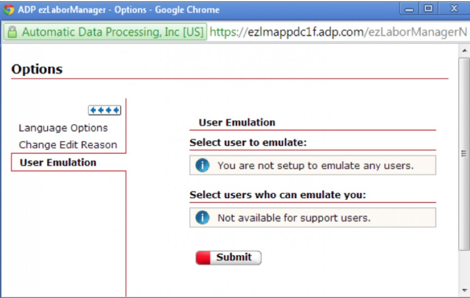 Select and submit options for user emulation