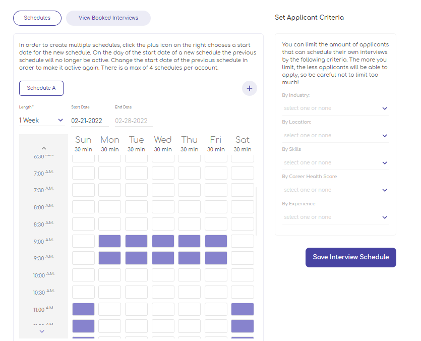 QuickHire screenshot: Candidates can schedule an interview with the hiring manager. They have ownership and stake in the interview process. Our reminder texts to candidates mitigates no call no shows.