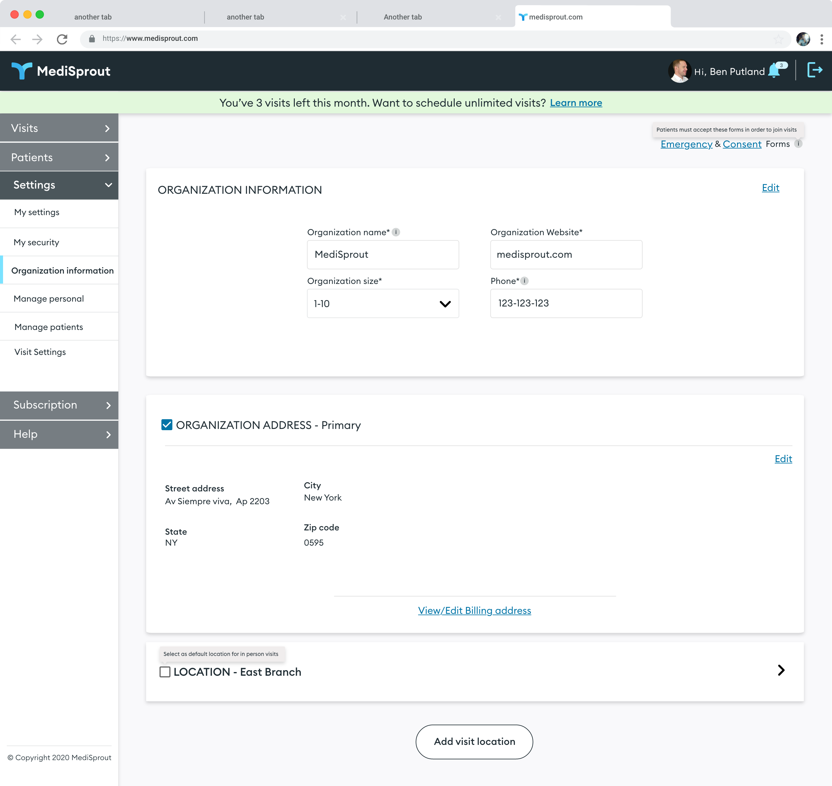 MediSprout screenshot: Settings, organization information
