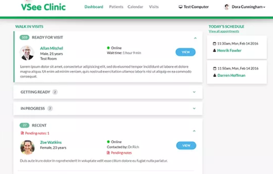 VSee Clinic screenshot: VSee Clinic main dashboard