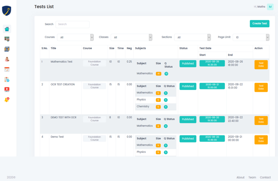 eTutor screenshot: eTutor tests list