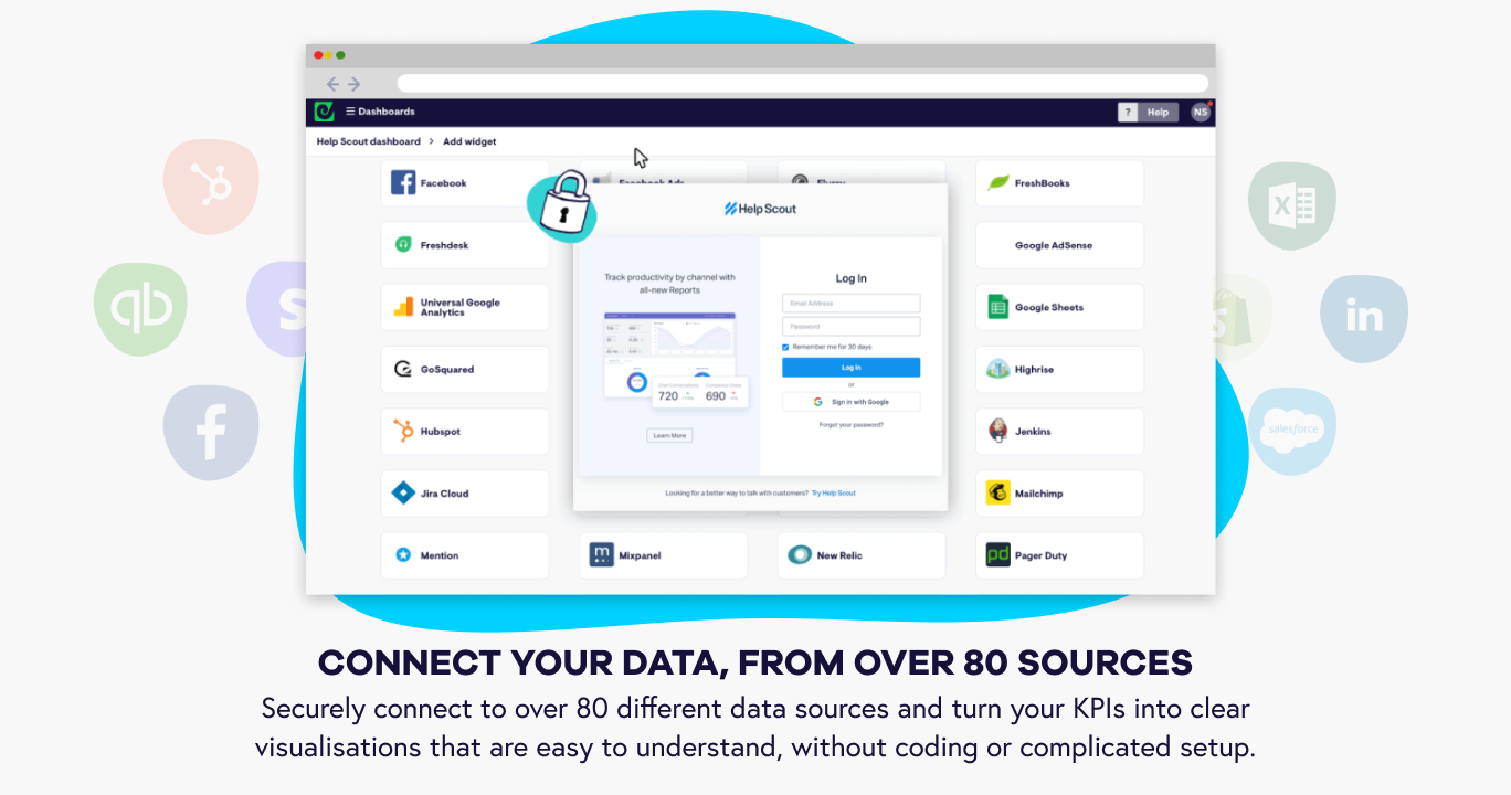 Easily pull in real-time data from over 80 different tools, including spreadsheets and databases, as well as popular business tools like Salesforce, Zendesk, Google Analytics and many more.
