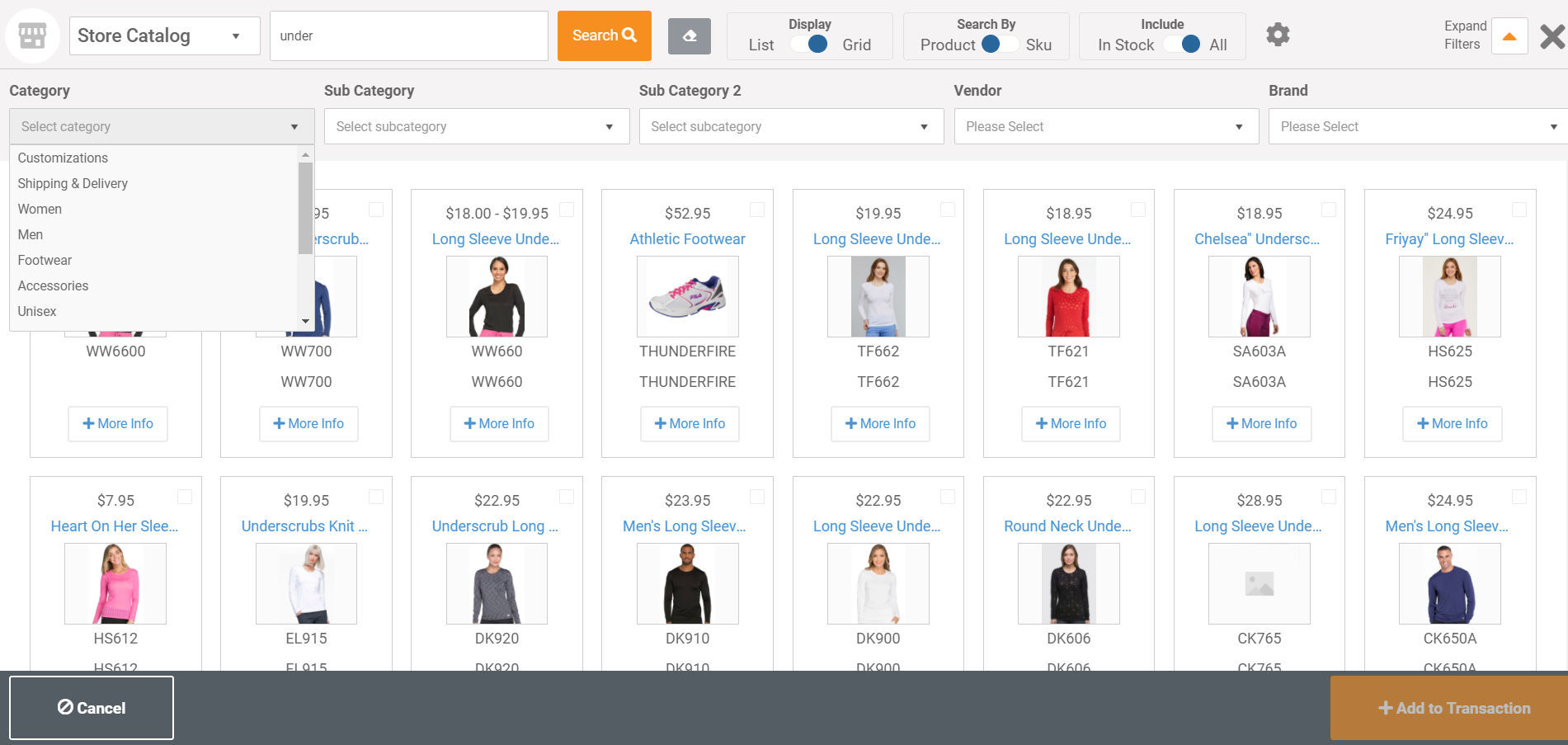 MicroBiz Cloud POS Software - Advanced Product Search - Allows you to search by item name, SKU, style, UPC or Alt ID.  Results can be displayed in table format or as product tiles.  Advanced filters allow you to view results by category, vendors, brand, color, size or other attribute.