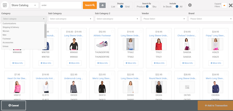 MicroBiz Cloud POS screenshot: Advanced Product Search - Allows you to search by item name, SKU, style, UPC or Alt ID.  Results can be displayed in table format or as product tiles.  Advanced filters allow you to view results by category, vendors, brand, color, size or other attribute.