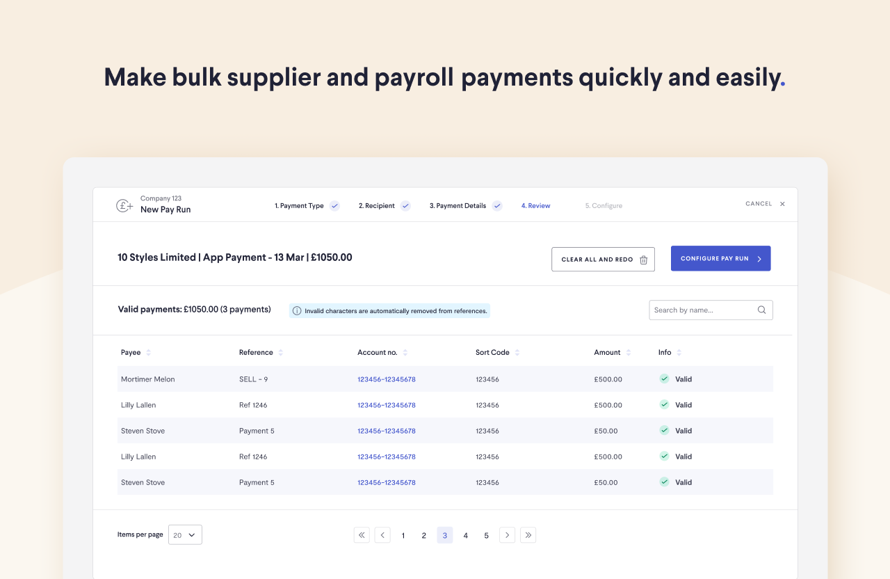 Telleroo screenshot: Process bulk payments in minutes. Create a new pay run by syncing with Xero, QuickBooks, EmploymentHero, FreshPay, Buddy and Staffology or by importing a file from your payroll provider or accounting software.