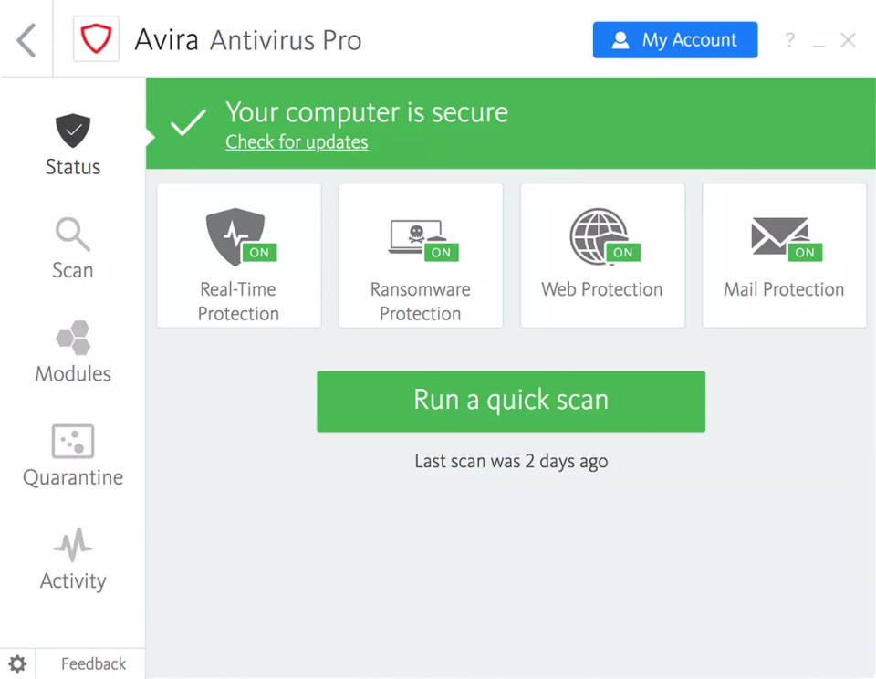 Avira Antivirus Pro quick scan