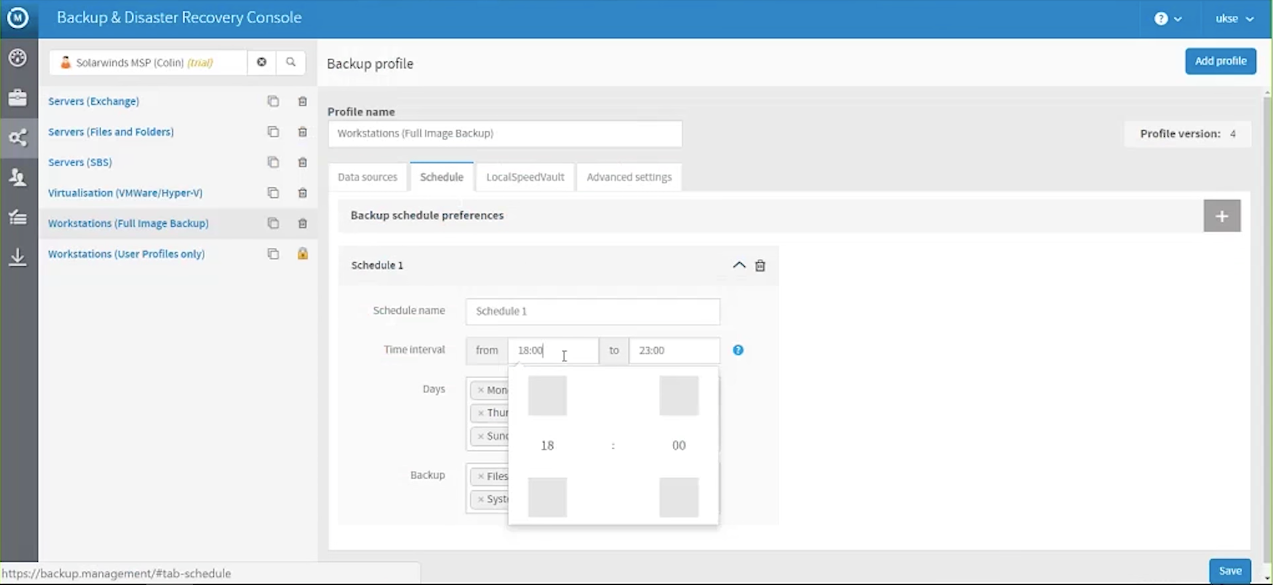 Backup schedule preferences allow users to select start times and dates for backup