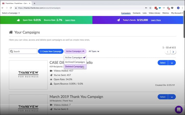 ThankView screenshot: ThankView campaigns