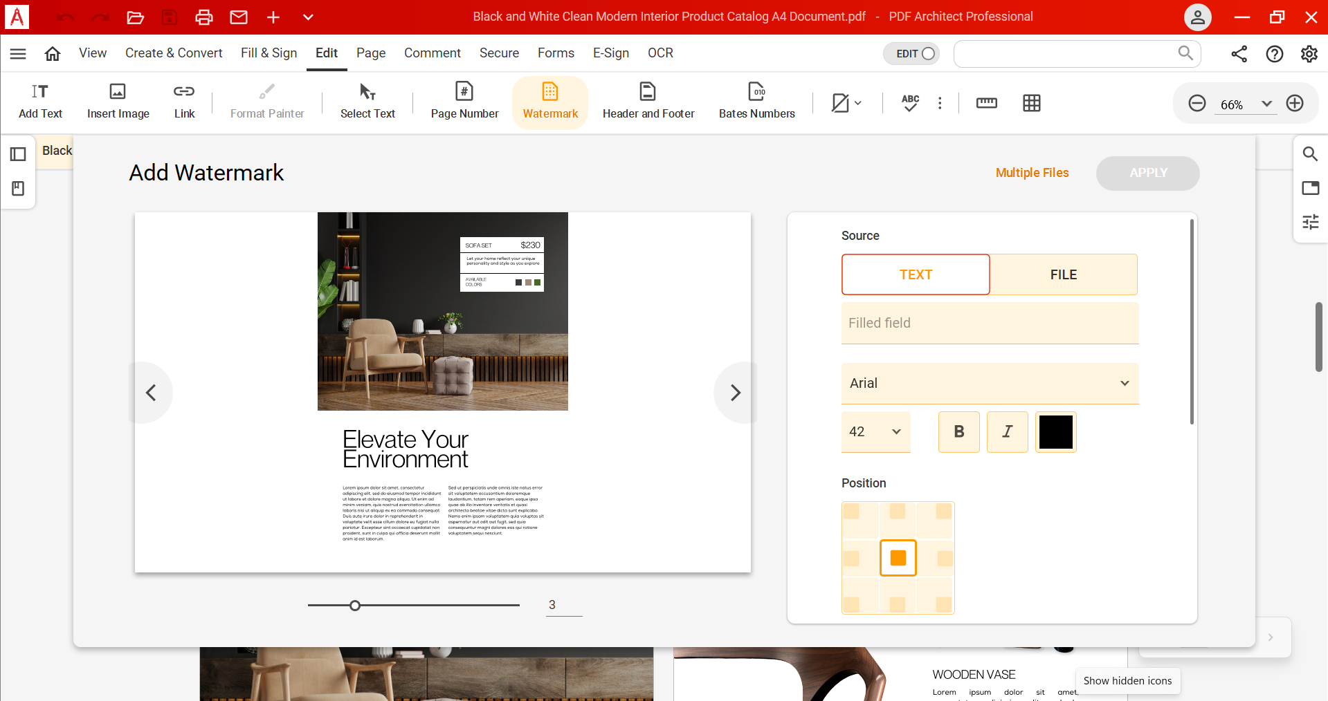 PDF Architect screenshot: Protect and brand your PDFs using the Watermark feature, where you can easily add custom text or image watermarks to ensure security and ownership. For effortless document editing, the Edit feature allows you to modify text, images, and links with ease.