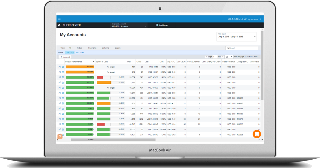 Acquisio Software - Your home base is our Client Center, where you can view and interact with all your key accounts and campaign data in one easy to use dashboard.