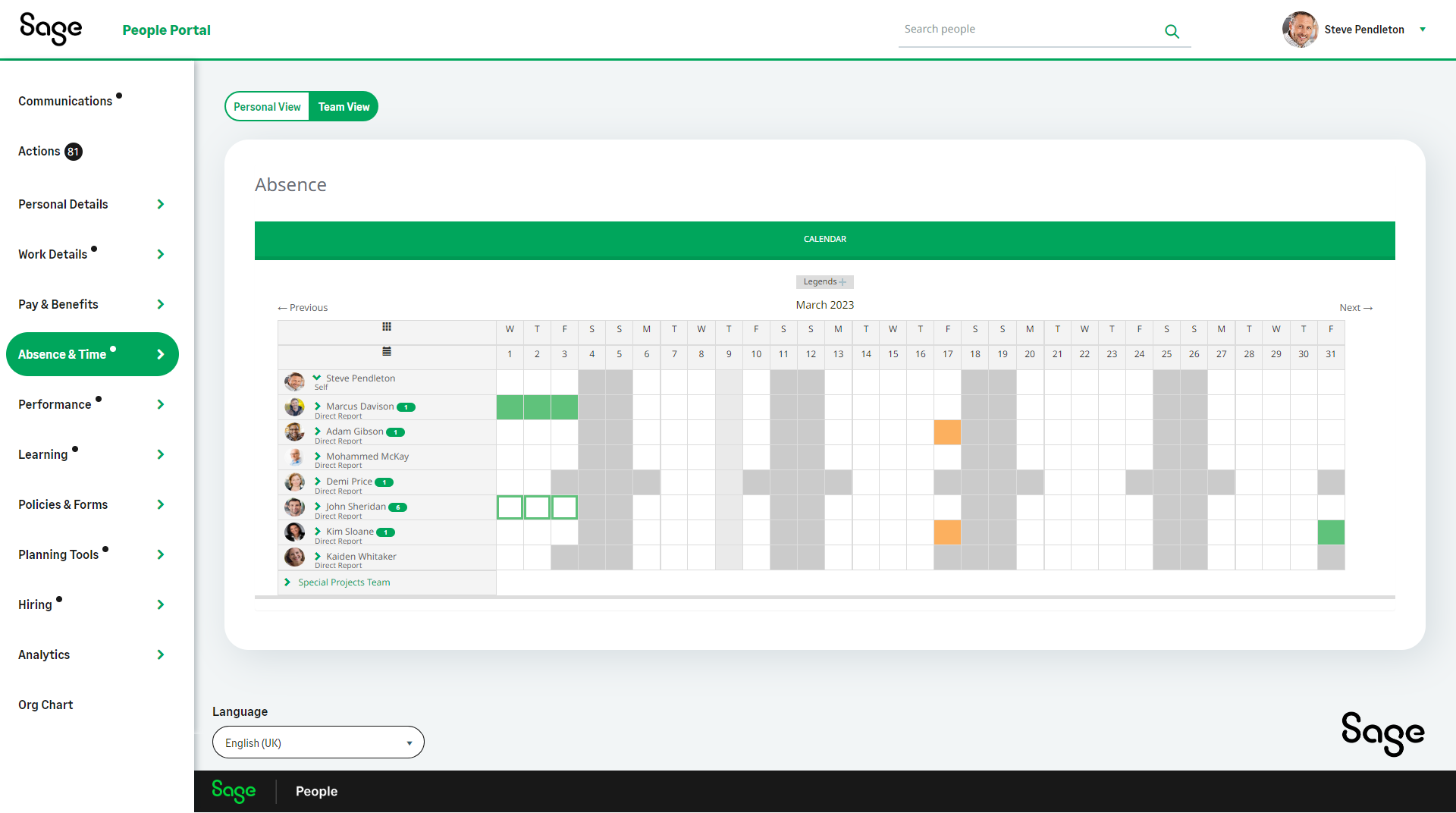 Sage People Software - Enable managers to get a complete view of who is in or out of the business at any time across a range of absence types with a team view calendar