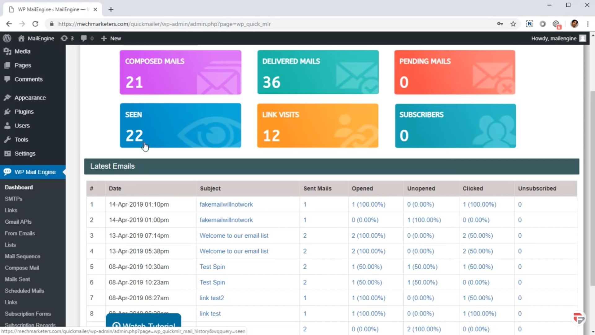 Mail Engine screenshot: Mail Engine Dashboard