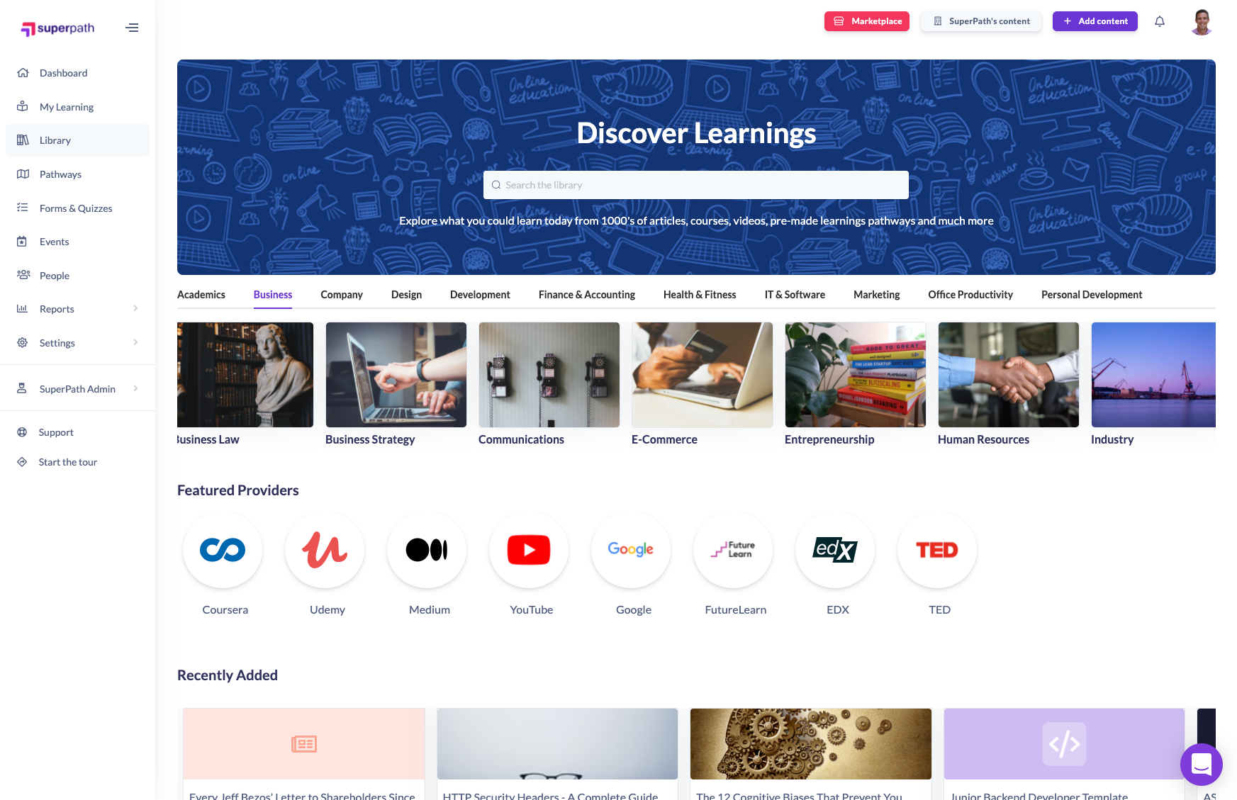 Learning library with out of the box learning content and pre-built learning pathway templates