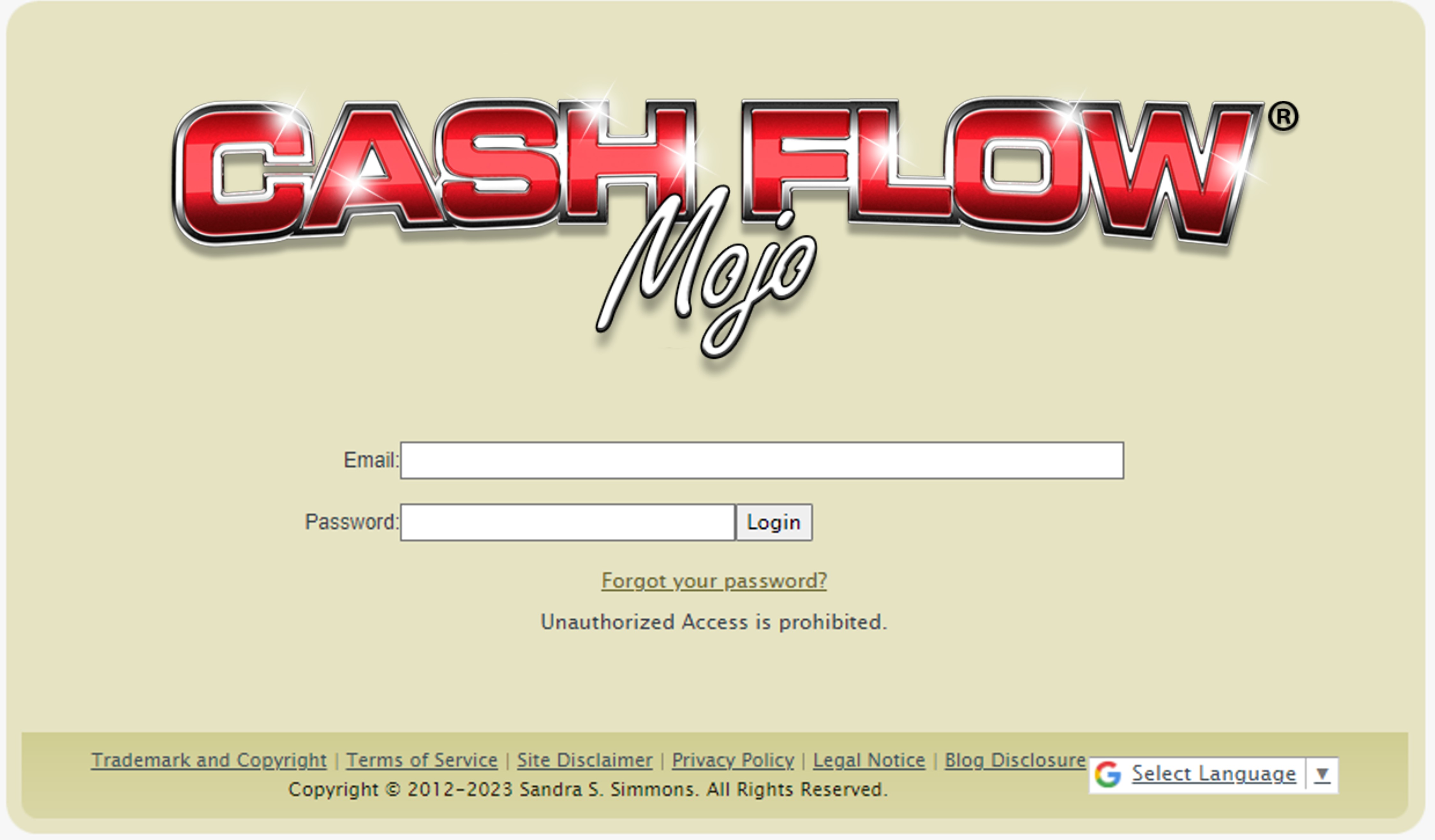 Cash Flow Mojo screenshot: Cash Flow Mojo login