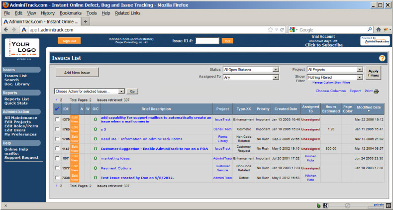 Adminitrac screenshot: AdminiTrack Issue Manager