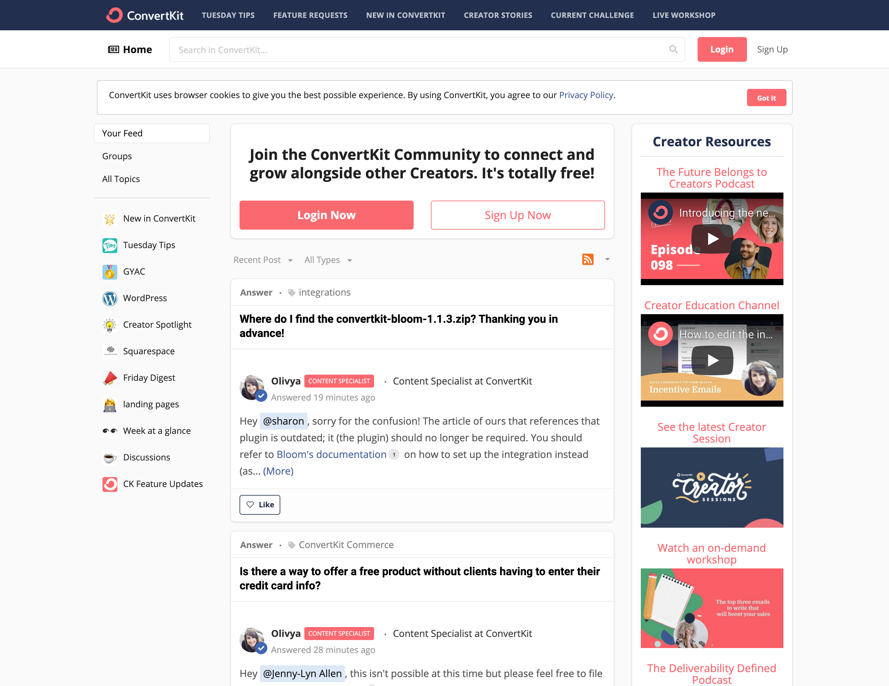 ConvertKit's customer community enables members to post content, access key resources, learn from peers, request answers, comment, upvote, and build networks.