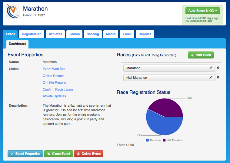 ChronoTrack Software - ChronoTrack Dashboard showing event setup
