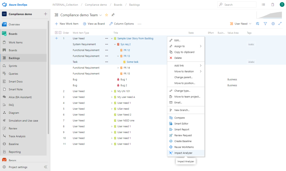 Modern Requirements4DevOps screenshot: Modern Requirements features in Backlog