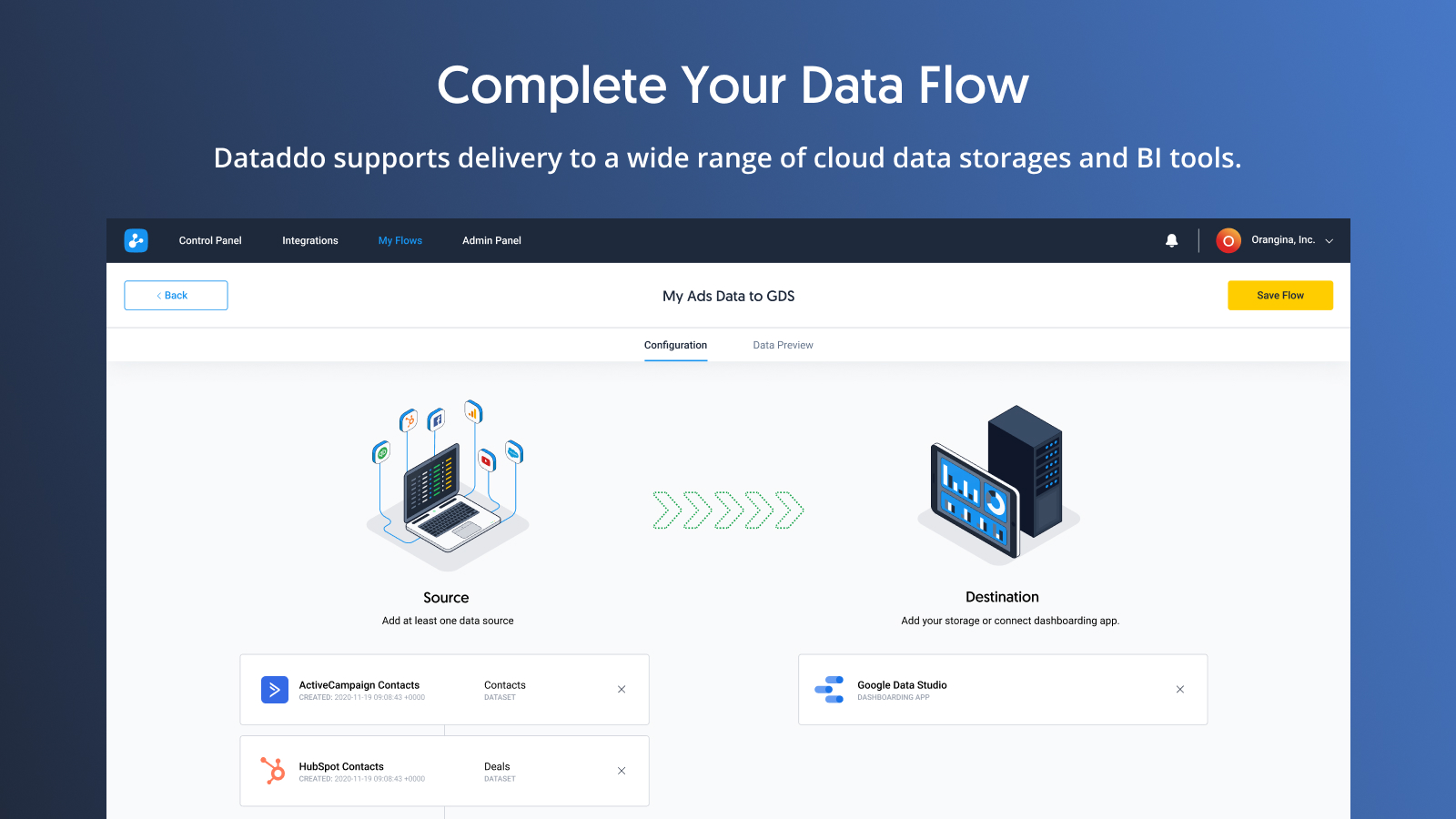 Dataddo supports delivery to a wide range of cloud data storages and BI tools, such as Google BigQuery, Snowflake, Power BI, Tableau, and Google Data Studio.