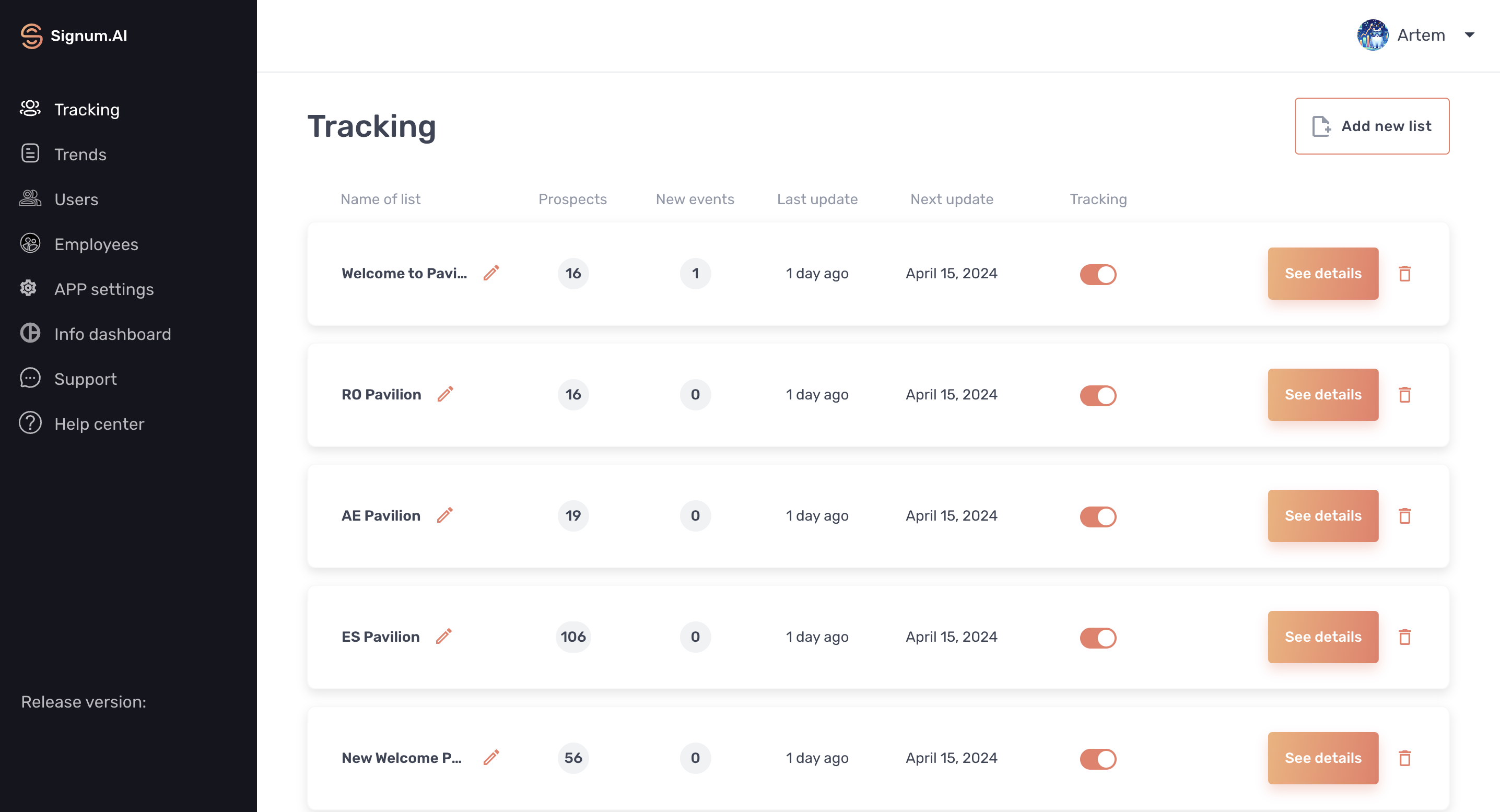 Signum.ai screenshot: Sheets on tracking