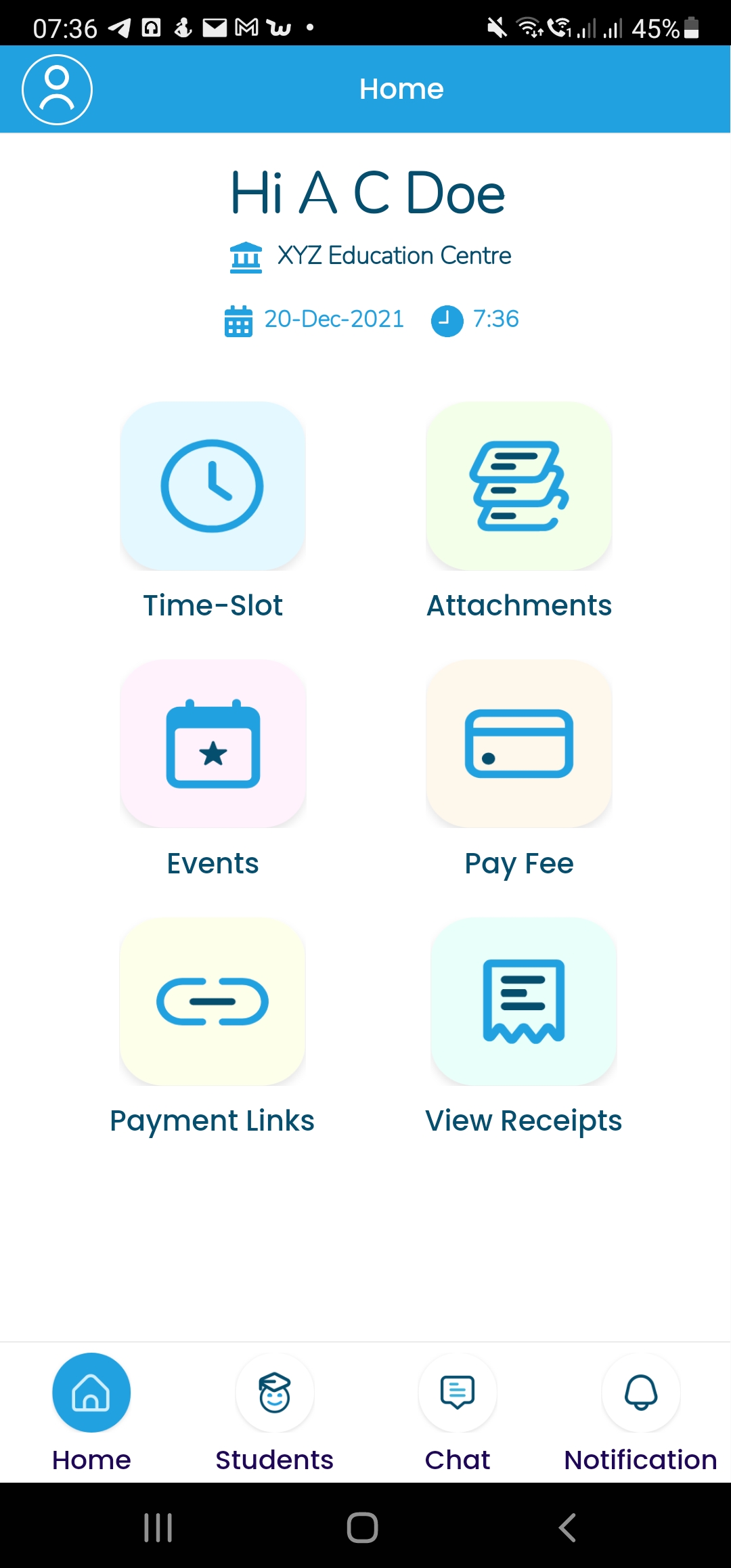 GeniusOne screenshot: GeniusOne Parent App Dashboard