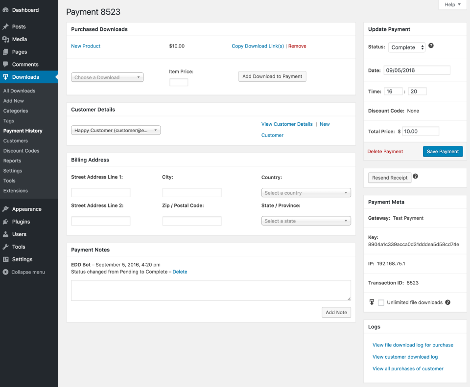 Easy Digital Downloads screenshot: Editing a payment record