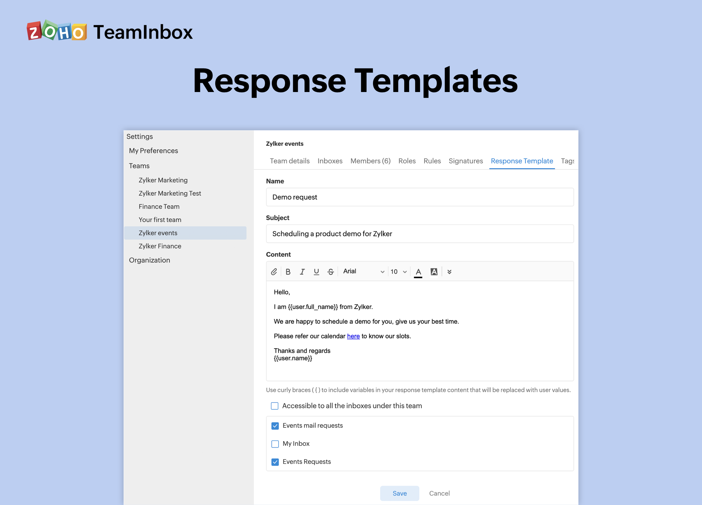 Zoho TeamInbox response templates