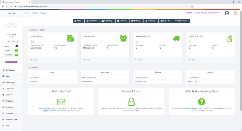 Tracmor screenshot: Dashboard