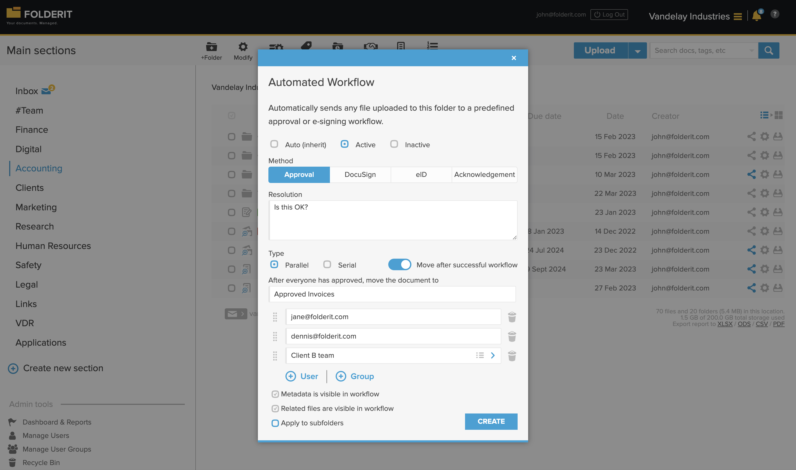 FOLDERIT screenshot: Automated Approval / eSign / Acknowledgement Workflows
