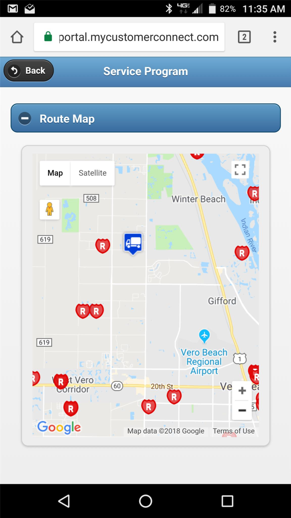 The Service Program Software - An example of the software's mobile mapping capabilities, detailing a route map within the Service Program mobile web app running on iOS
