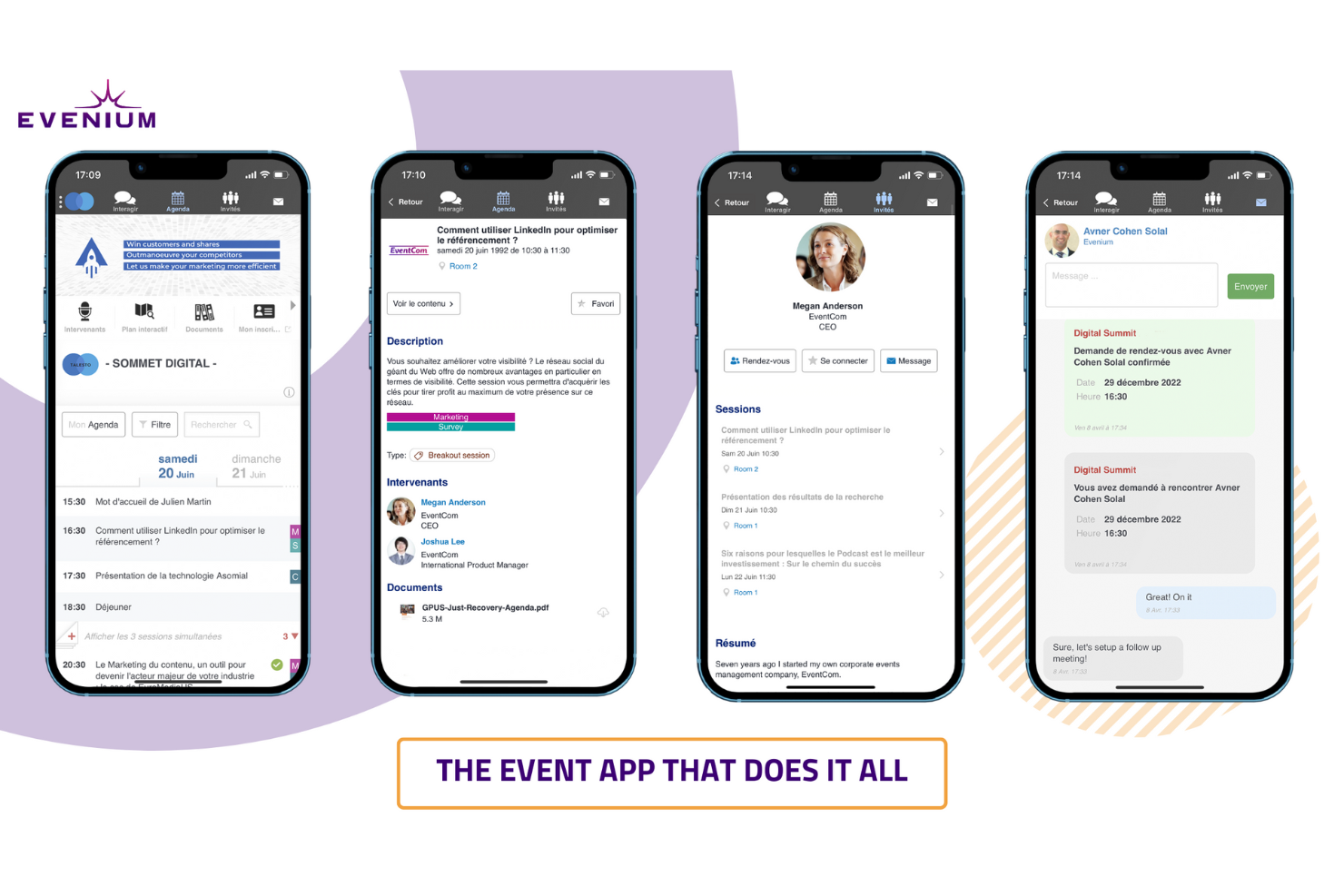 Evenium screenshot: The Evenium event app provides comprehensive tools for managing events, including features for viewing agendas, accessing session details, connecting with speakers, and scheduling meetings. It's designed to streamline event participation and networking.