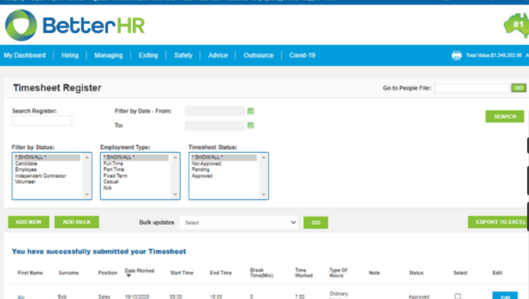BetterHR screenshot: BetterHR timesheet