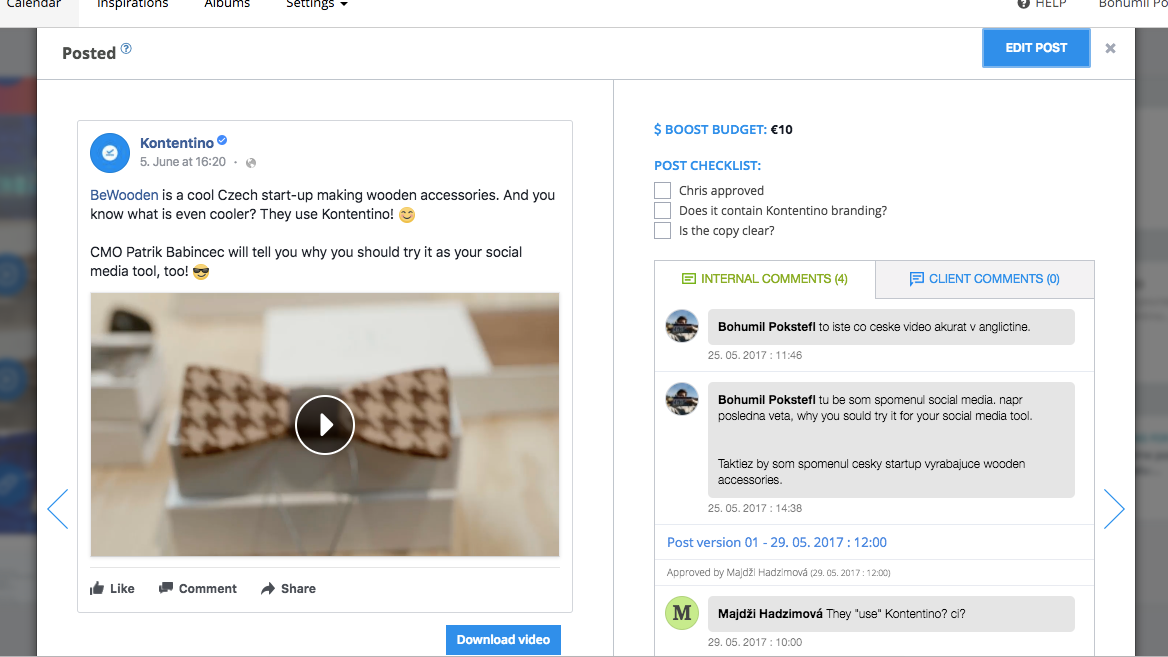 Kontentino Software - Post checklists, internal comments, and client comments are displayed next to the live post preview