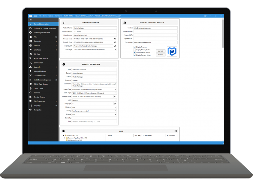Master Packager screenshot: Master Packager advanced view. Makes editing much faster and easier than editing MSI tables directly.