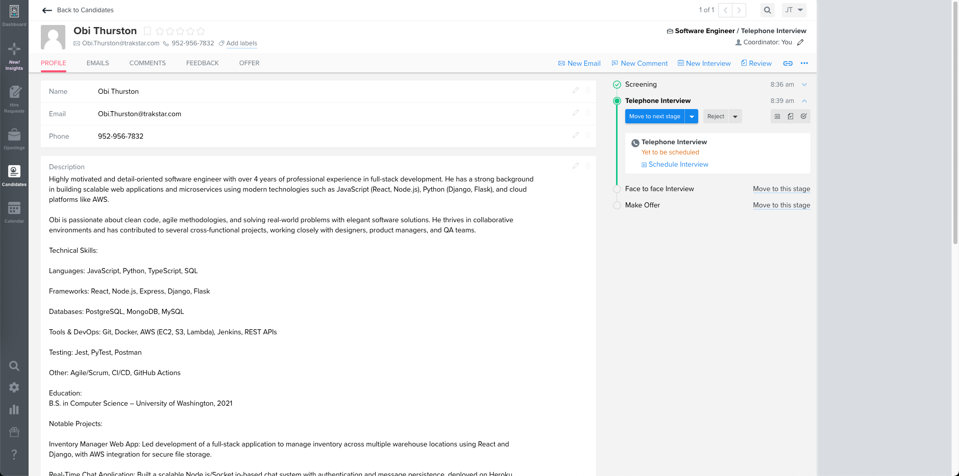 Trakstar Hire Software - Candidate Profile View - Mitratech Hire’s Candidate Profile provides a full view of applicant skills, experience, and interview status.
