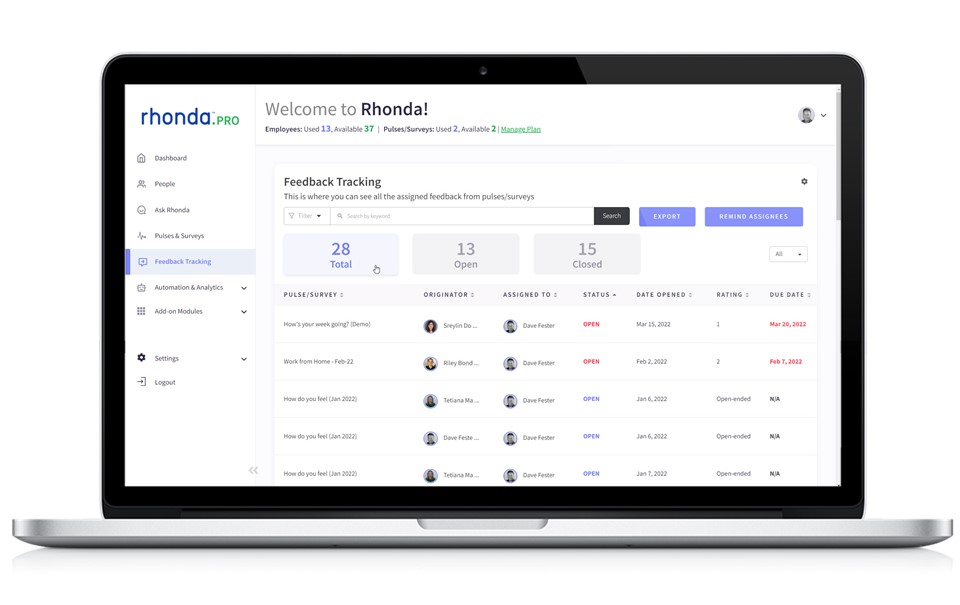 Rhonda has an easy-to-use, yet comprehensive feedback tracker to quickly follow-up on low feedback scores which can be assigned to managers, hr, etc.  This drives accountability and ensure responses are followed up!