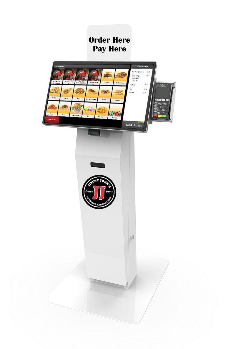 Podium self-serve kiosk with multiple tenders, including QR code (countertop unit also available)
