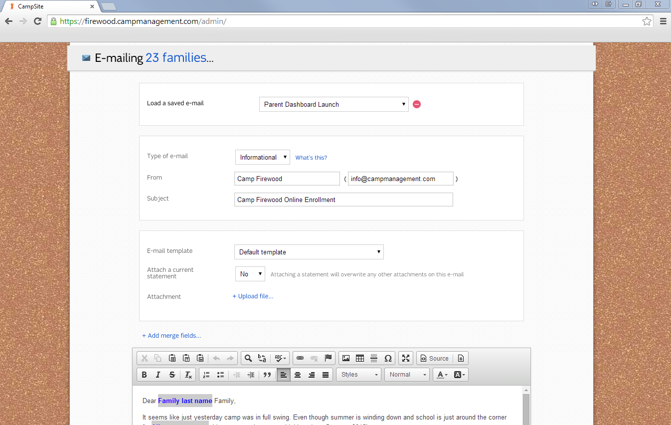 CampSite Software - With CampSite’s email and communication tool users can customize email templates, insert merged fields, create paper mailings, print labels and more.