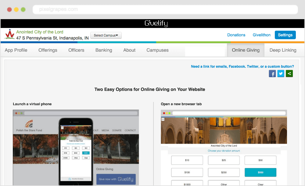 Add a Givelify button to your website, email or Facebook page for online or mobile donations