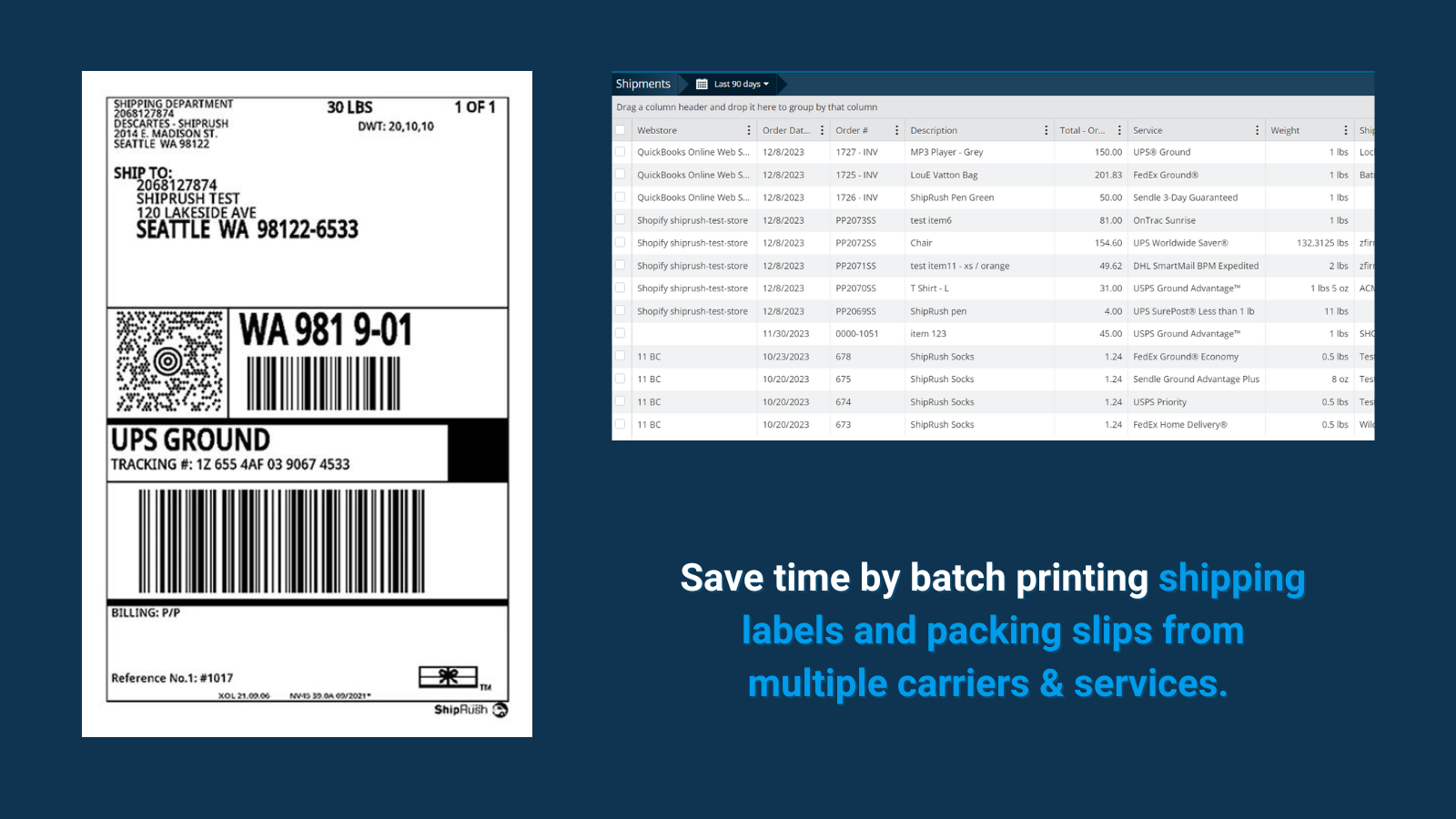 Batch printing can save time printing labels and packing slips from multiple carriers and services.