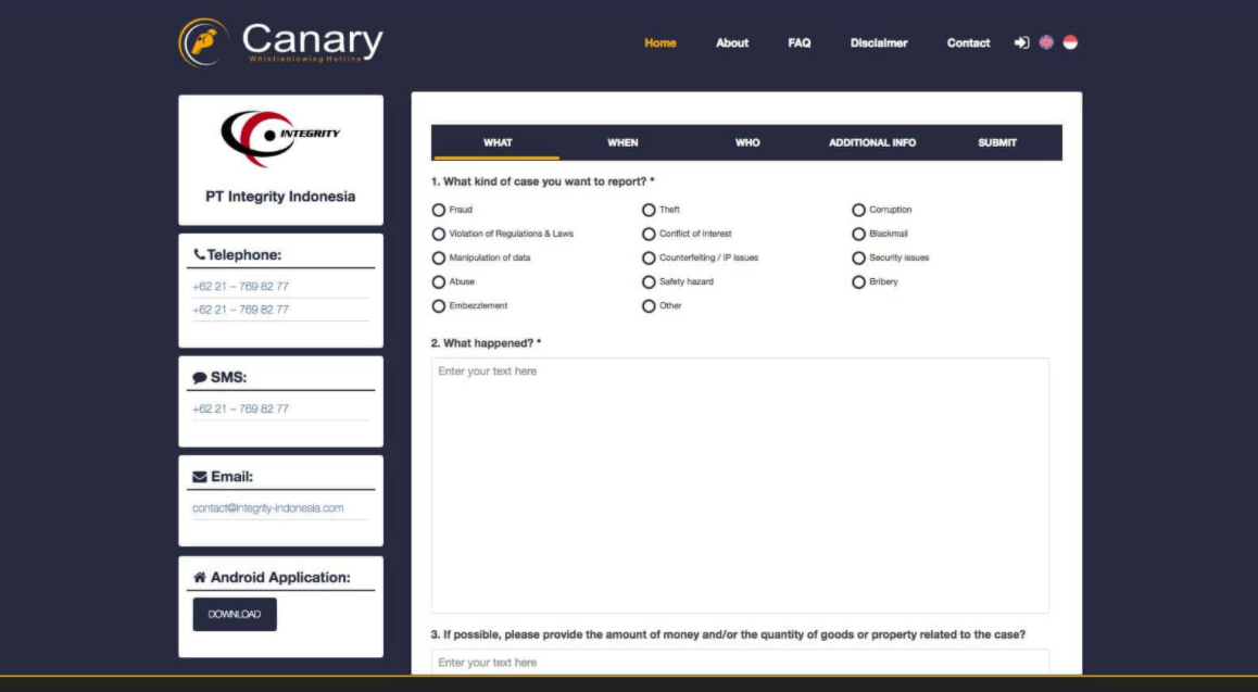 Canary Whistleblowing System Software - Canary Whistleblowing System report incident