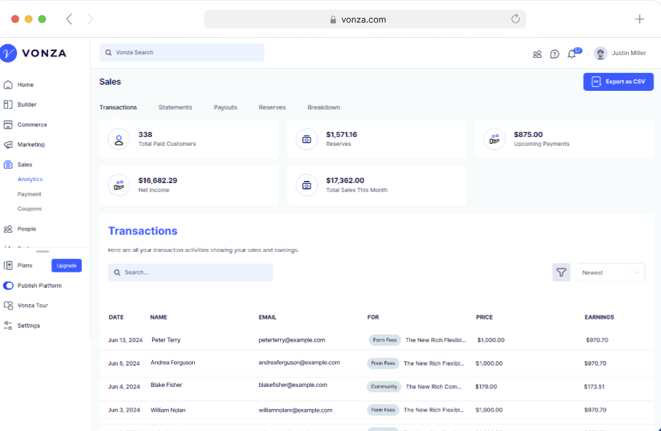 Vonza screenshot: Vonza transactions