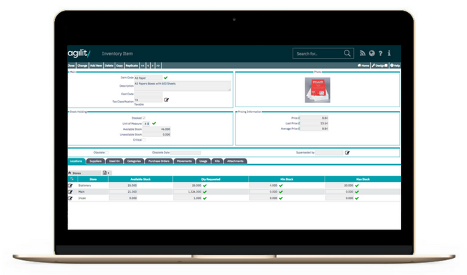 Inventory can be accessed through multiple store and bin locations with manufacturer’s details and supplier prices